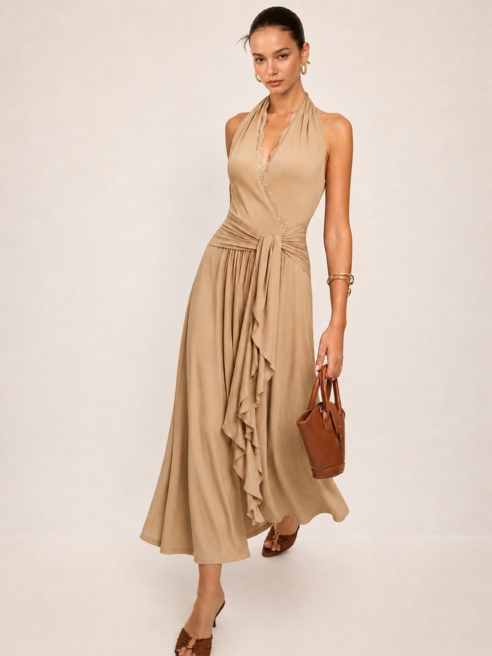 Commense Lace Trim Halter Wrap Maxi Dress